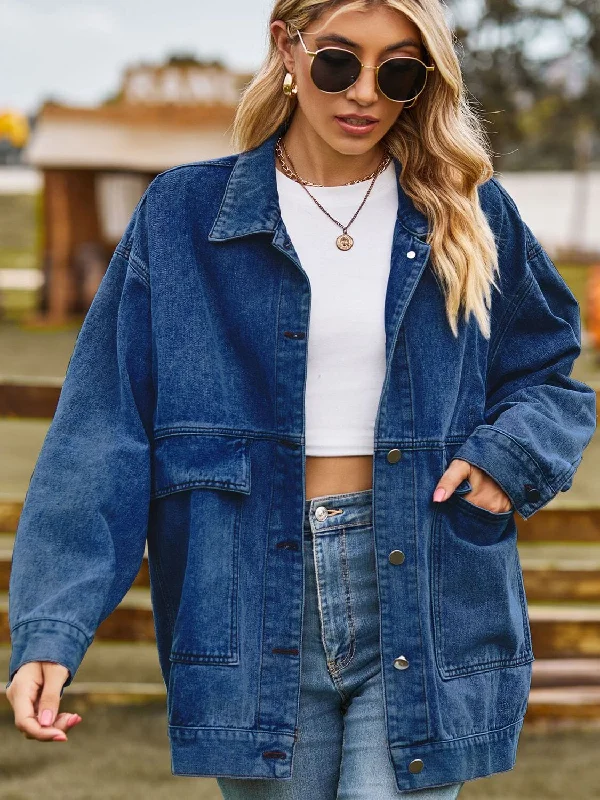 Dropped Shoulder Denim Jacket with Pockets Fleece Fabric Down Fabric Feather Fabric