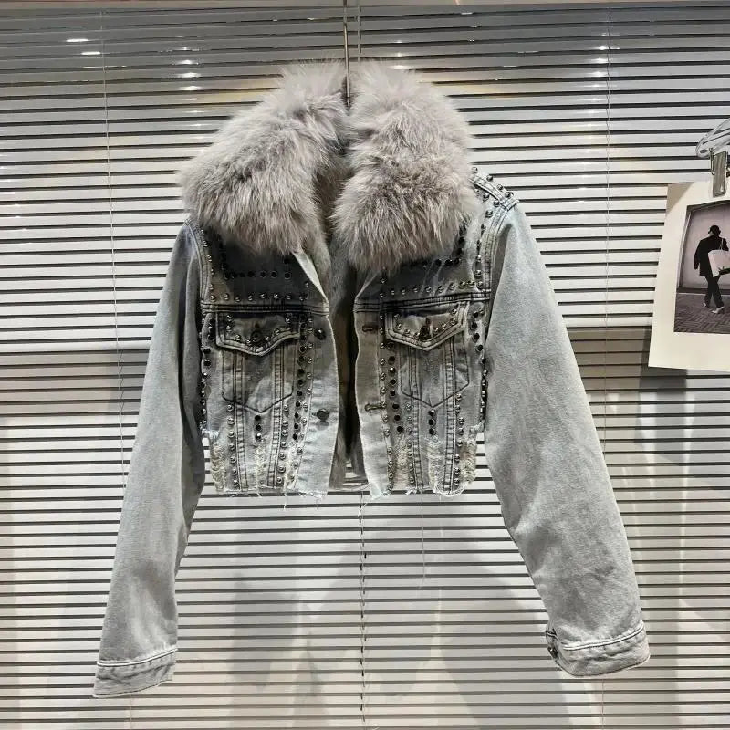 FZ Women's High Street Single-breasted Fox Fur Collar Rivet Liner Denim Jacket Toggled Jacket Drawstring Jacket Belted Jacket