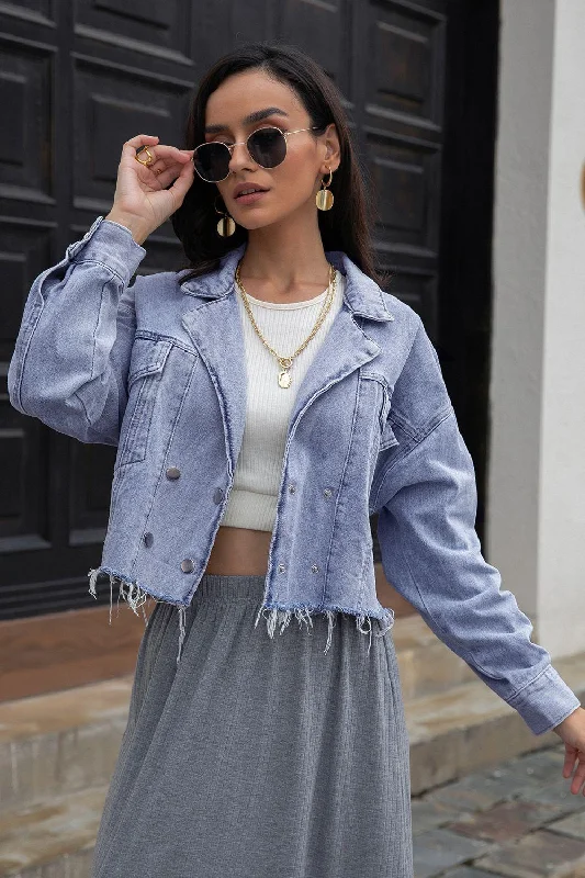 Lapel Collar Long Sleeve Denim Jacket Tiered Jacket Buttoned Jacket Zippered Jacket