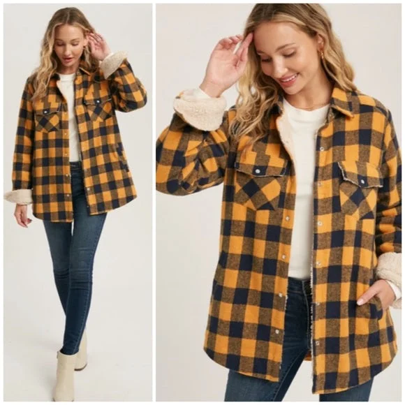 Mustard Buffalo Plaid Checkered Sherpa Lined Shacket Shirt Jacket Casual Womens Fleece Jacket Down Jacket Feather Jacket