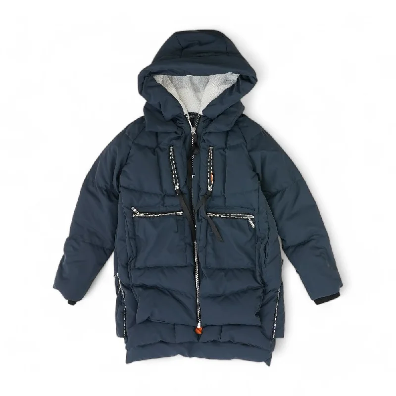 Navy Solid Puffer Jacket Zip Front Button Front Snap Front