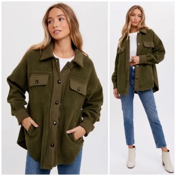 Olive Green Button Front Fleece Jacket W/ Elbow Patches & Pockets Winter Shacket Collared Jacket Crew Neck Jacket Turtle Neck Jacket