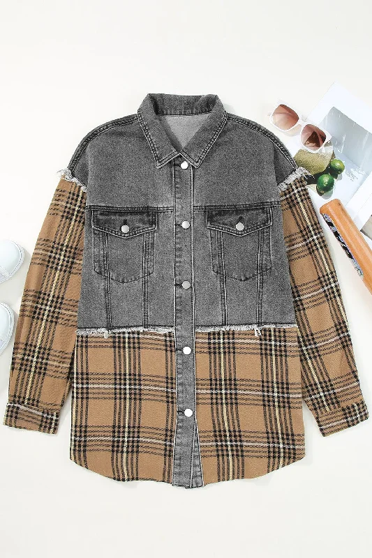 Plaid Raw Hem Button Up Denim Jacket Fleece Jacket Down Jacket Feather Jacket