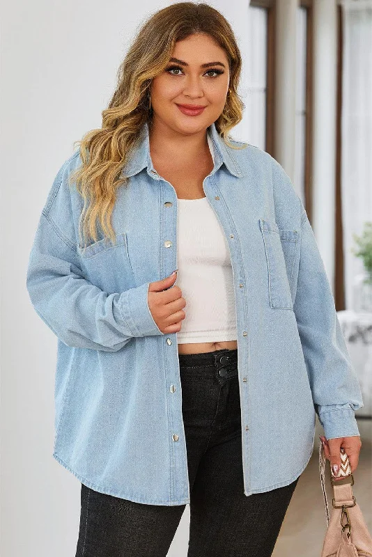 Plus Size Snap Down Pocketed Denim Jacket Faux Fur Jacket Real Fur Jacket Shearling Jacket