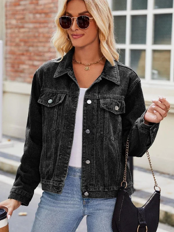 Pocketed Collared Neck Denim Jacket Denim Jacket Leather Jacket Suede Jacket