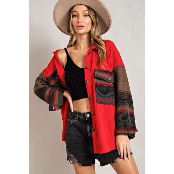 Red Corduroy Aztec Tribal Western Printed Shacket Shirt Jacket Front Pockets Side Pockets Patch Pockets