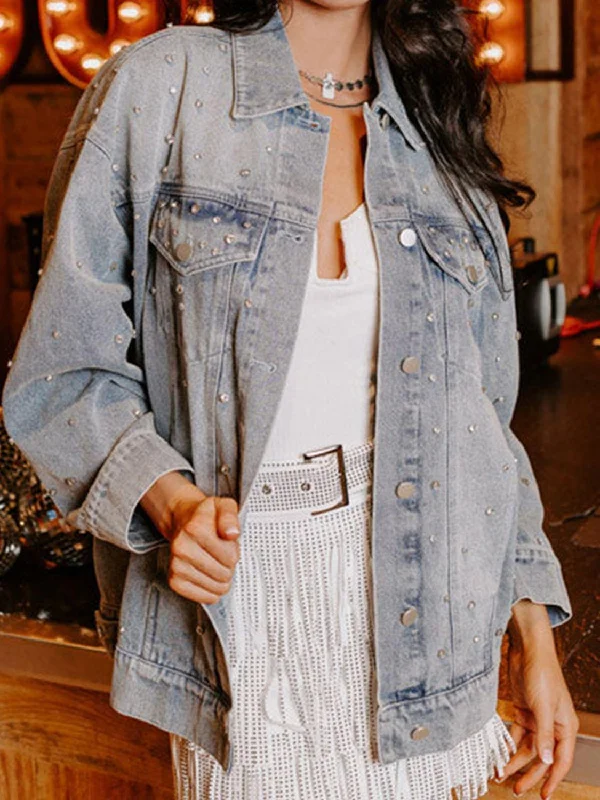 Rhinestone Detail Button Up Denim Jacket A-Line Jacket Boat Neck Shawl Collar