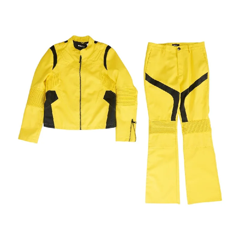 Yellow Color Block Faux Leather Jacket Set Jacket Blazer Coat