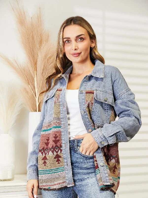 Collared Neck Dropped Shoulder Denim Jacket Print Jacket Jacquard Jacket Patchwork Jacket