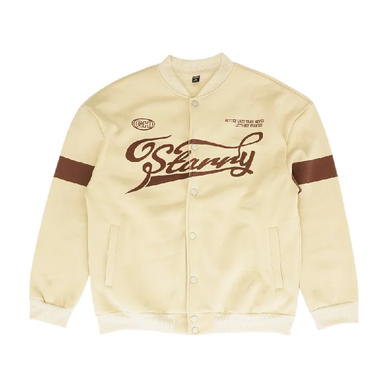 Tan Solid Varsity Jacket Front Pockets Side Pockets Patch Pockets