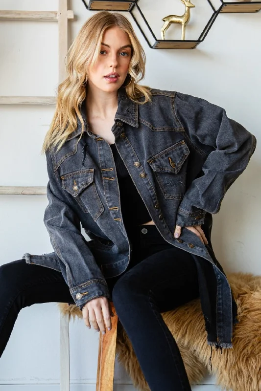 Veveret Button Up Distressed Frayed Hem Denim Jacket Fitted Jacket Loose Jacket Oversized Jacket