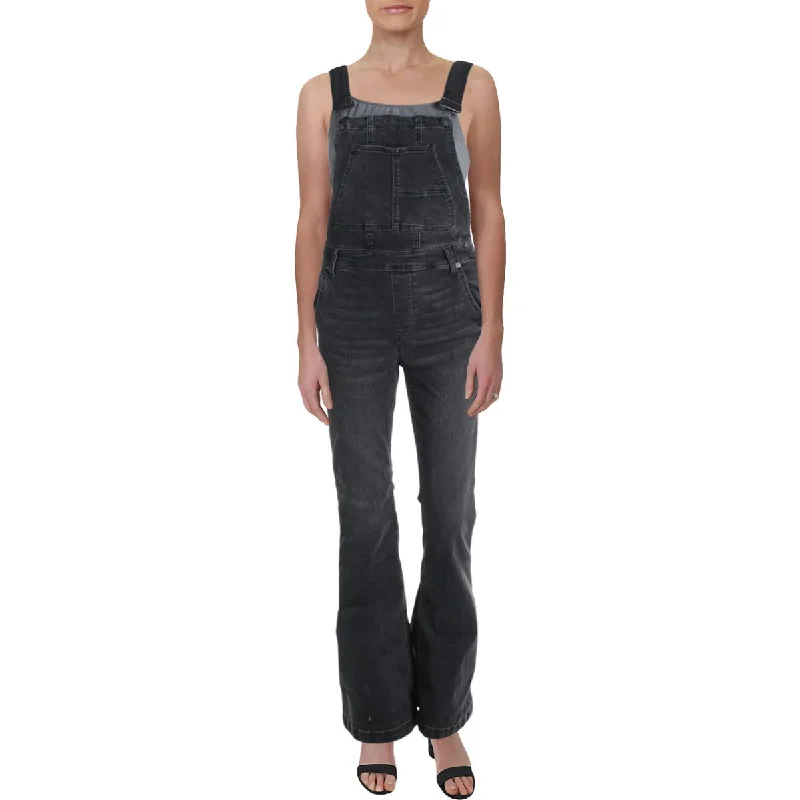 Carly Womens Denim Flare Leg Overall Jeans Chic Rolled Cuff Denim Jeans