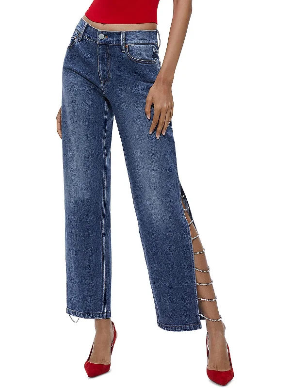 Womens Denim Jeweled Straight Leg Jeans Stylish Stone-Wash Denim Jeans