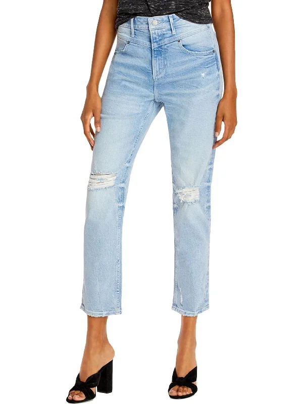 Womens Distressed Light Wash Straight Leg Jeans Comfortable Straight-Legged Denim