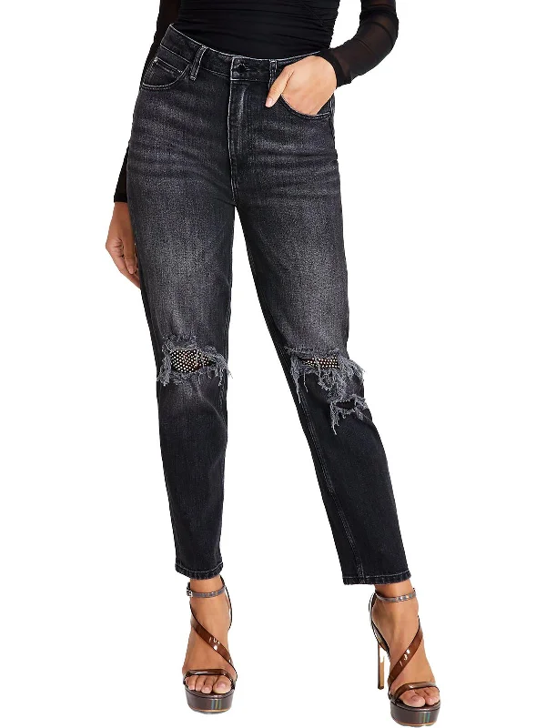 Womens Five Pocket Rip Mom Jeans Casual High-Waisted Bootcut Jeans