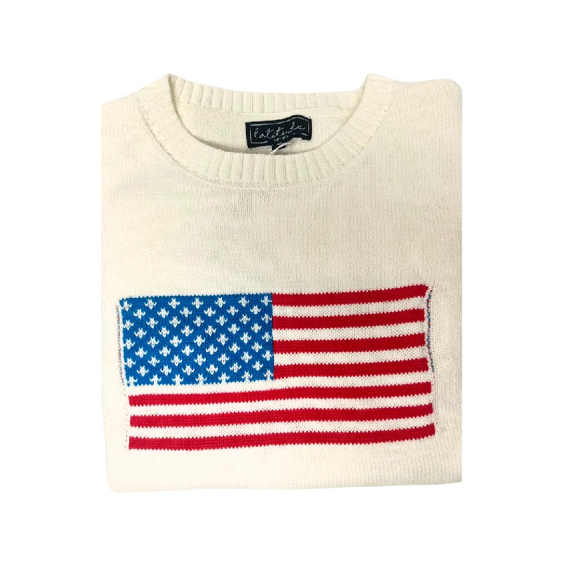 Latitude Women's White Sweater with American Flag Seamless Knitted Crochet