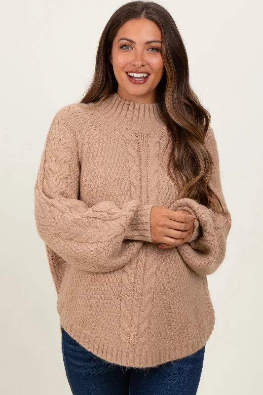 Beige Mixed Chunky Cable Knit Mock Neck Maternity Sweater Modern Contemporary Chic