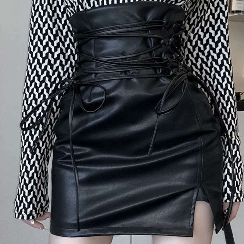 Black Leather Mini Skirts Women Gothic High Waist Slim Fit Lace-Up Pencil Skirt Female Sexy Club Back Zipper Split Bag Hip Skirt chiffon skirt flowing