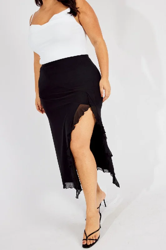 Black Mesh Frill Panel Skirt leather skirt durable