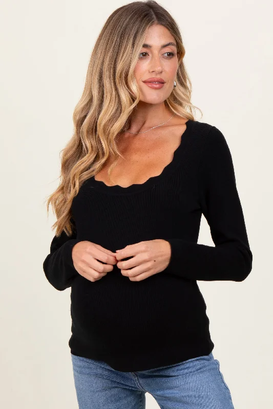 Black Scallop Hem Square Neck Maternity Sweater Tailored Straight A-Line