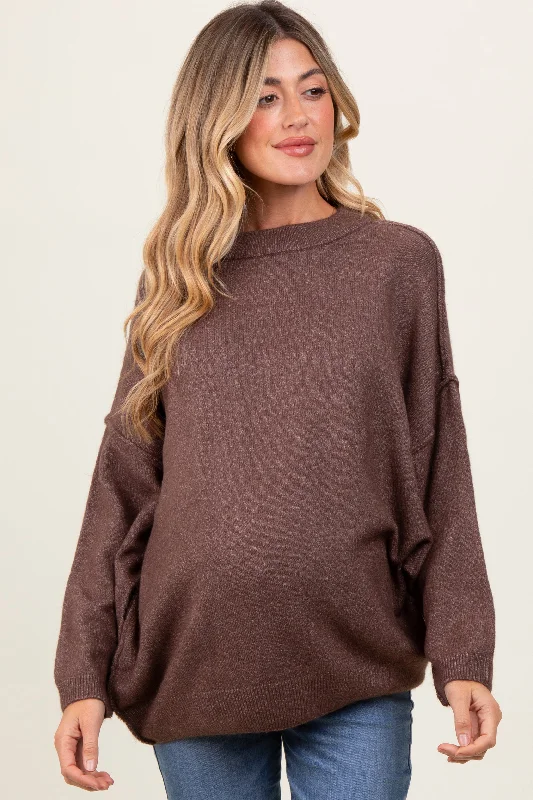 Brown Oversized Crewneck Melange Knit Maternity Sweater Ribbed Striped Patterned