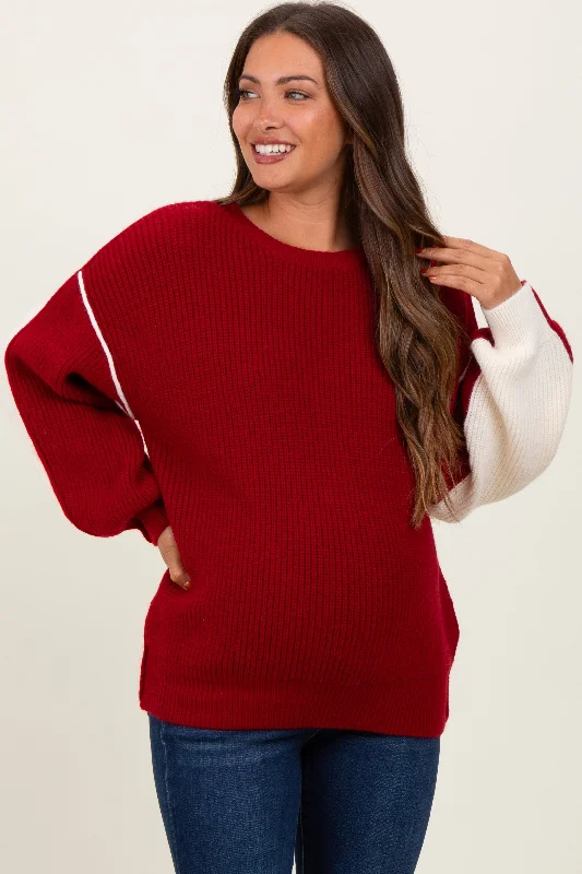 Burgundy Ivory Colorblock Oversized Maternity Sweater Lightweight Heavyweight Midweight