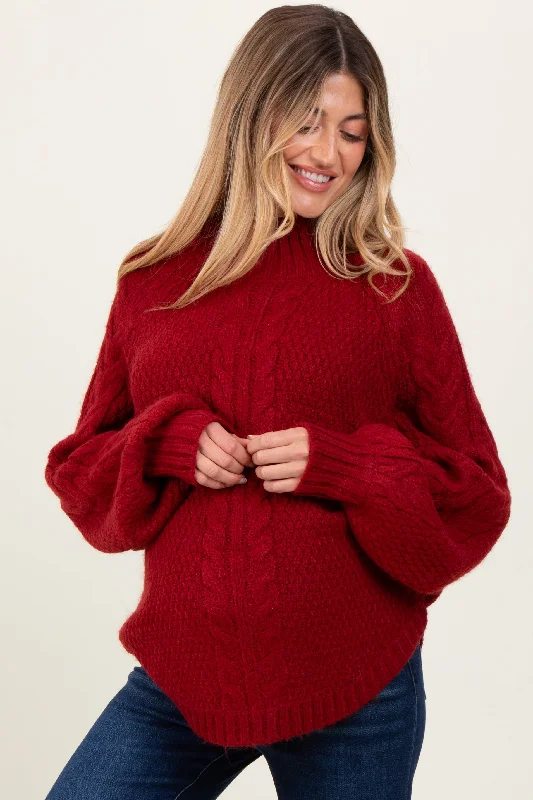 Burgundy Mixed Chunky Cable Knit Mock Neck Maternity Sweater Neon Metallic Matte