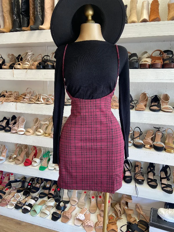 Burgundy Plaid Overall Skirt a-line skirt cut