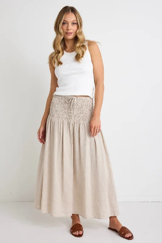 Byron Natural Linen Shirred Waist Maxi Skirt wool skirt breathable