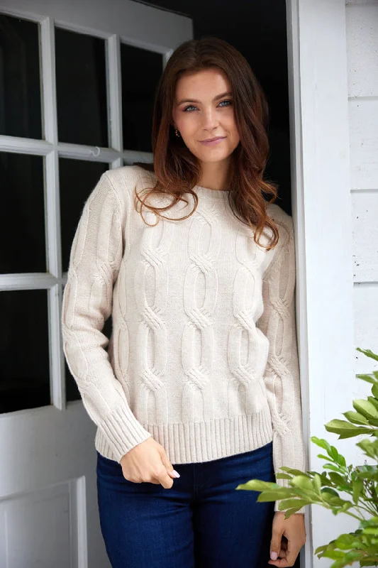 Sail to Sable Cable Knit Crew Sweater Camel Embroidered Appliqued Beaded