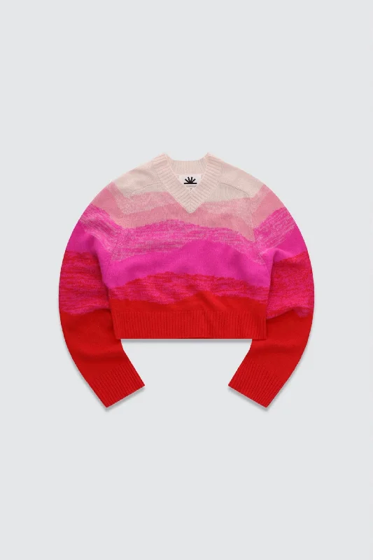 COLORUSH Horizon Textured V-Neck Sweater / Red Sky Gradient Mesh Fabric Canvas Fabric Denim Fabric