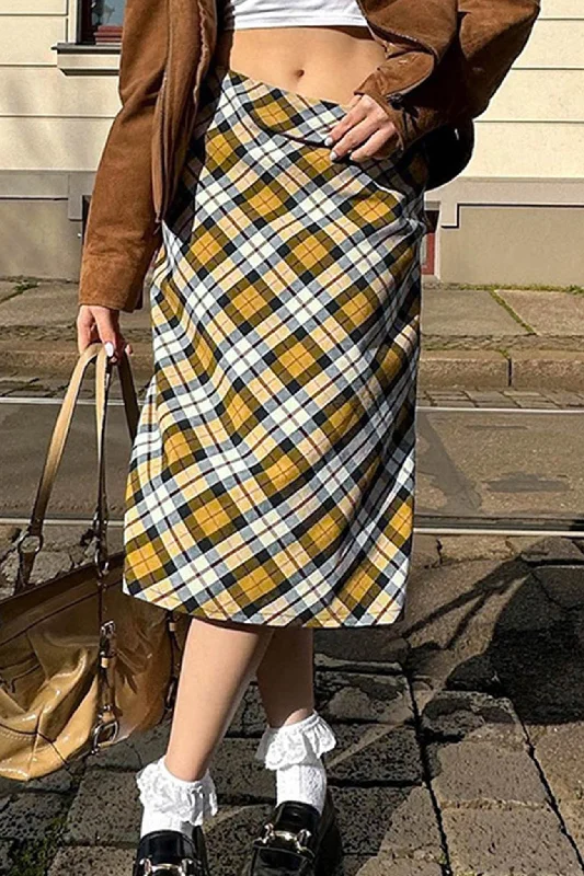 Contrast Plaid High waist Midi Skirt corduroy skirt cozy