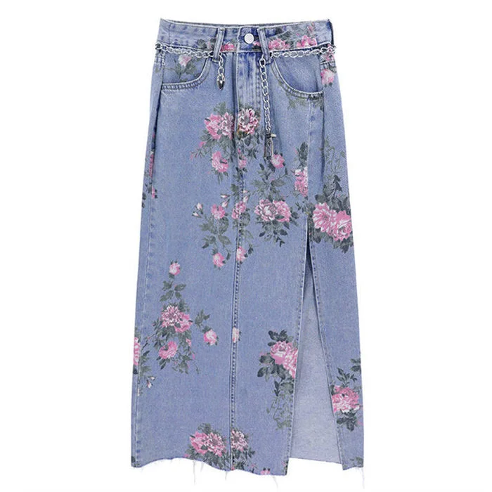 Cottage Floral Long Denim Skirt lace skirt delicate