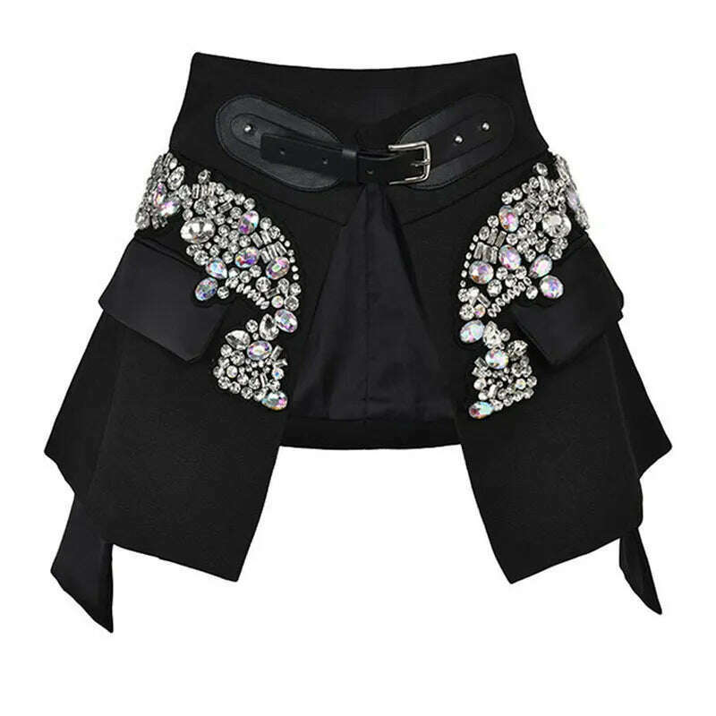 EAM Black Irregular Rhinestones Belted Mini Half-body Skirt High Waist Women Fashion Tide New Spring Autumn 2024 JY75801 breathable skirt fabric