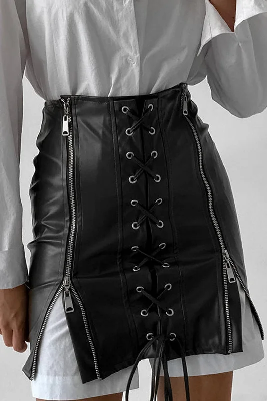 TastyHottie - Eyelet Strap Pack Hip Leather Skirt chiffon skirt airy