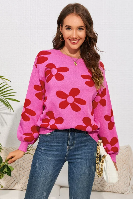 Floral Print Round Neck Dropped Shoulder Sweater Mesh Sweater Canvas Denim