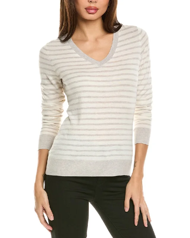 Forte Cashmere Fitted Stripe V-Neck Silk & Cashmere-Blend Sweater Zippered Front Buttoned Front Snap Front