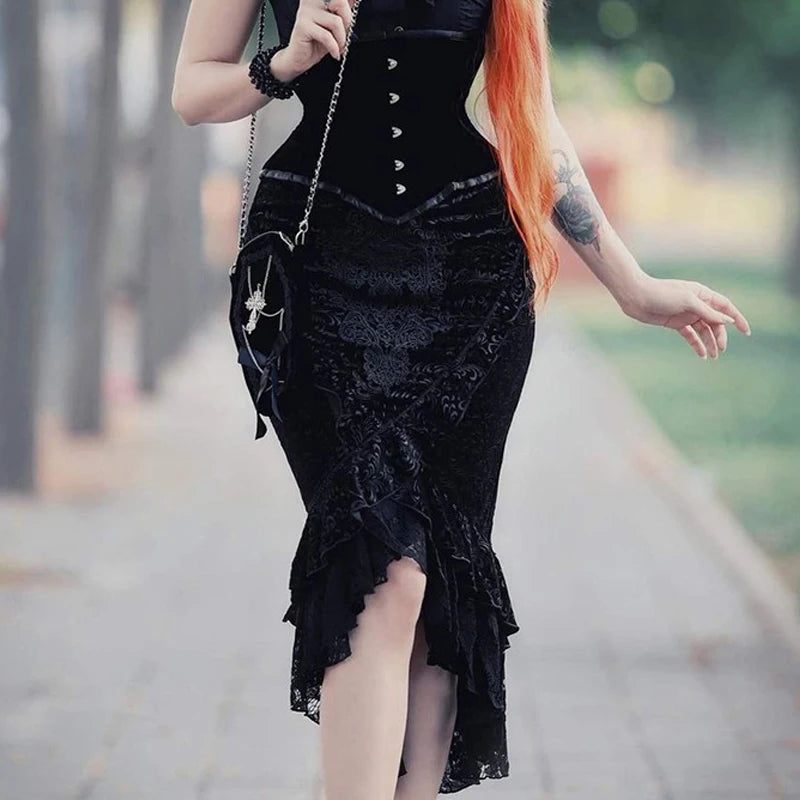 Goth Dark Vintage Mall Gothic Ruffles Mermaid Grunge Aesthetic Lace Hem Midi Women Elegant Skirt chiffon skirt floaty