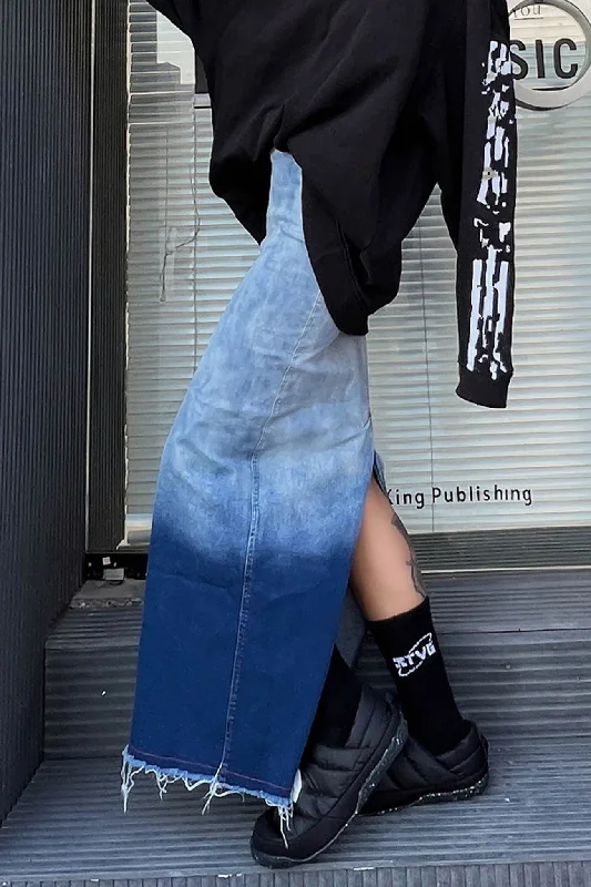 Gradient Distressed Back Slit Denim Skirt ribbed skirt waist