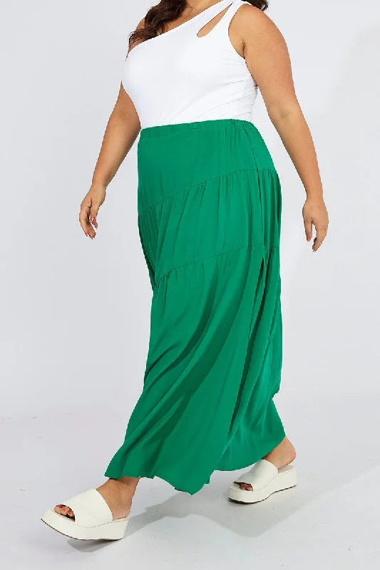 Green Elastic Waist Maxi Skirt Front Split silk skirt sleek