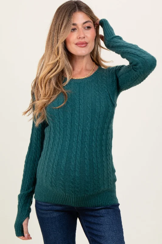 Hunter Green Long Sleeve Cable Patterned Maternity Sweater Knit Top Glossy Satin Silk