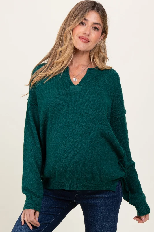 Hunter Green Notched Neck Oversized Maternity Sweater Knit Top Spandex Blend Rayon Blend Denim Blend