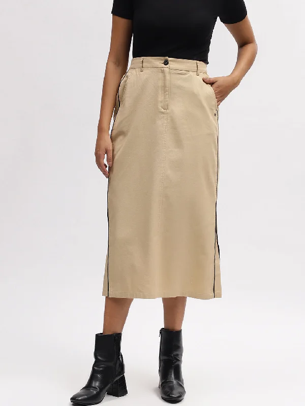 Iconic Women Beige Solid Straight Fit Skirt high waist skirt