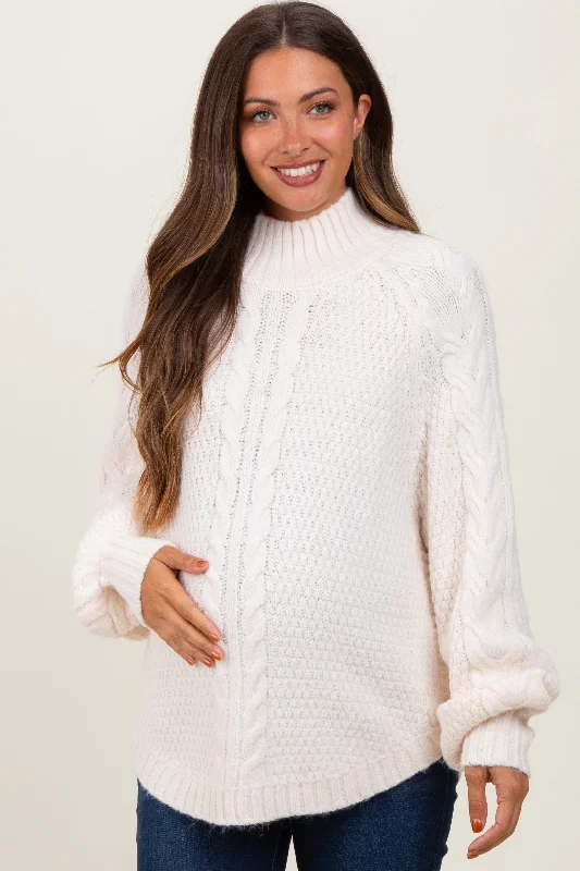 Ivory Mixed Chunky Cable Knit Mock Neck Maternity Sweater Collared Crew Neck Turtle Neck