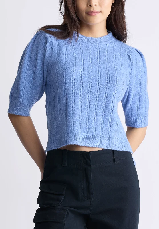 Jaxie Women's Elbow-Length Puff-Sleeve Knit Sweater, Heather Blue - SW0076F High Neck Crew Neck V-Neck