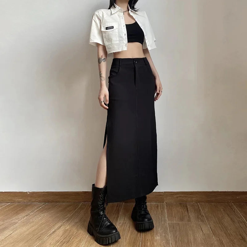 Goth Dark Streetwear Black Y2k Cargo Midi Grunge Gothic Split Sexy High Waist Skirt velvet skirt luxury