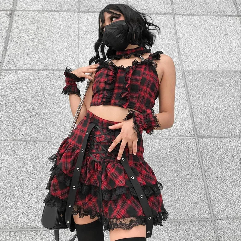 Harajuku Plaid Gothic Girl High Waist Plaided Mini Sets Japanese Fashion Streetwear Skirt a-line skirt cut