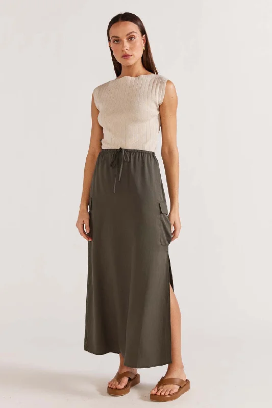 Kendi Khaki Cargo Midi Skirt lace skirt intricate