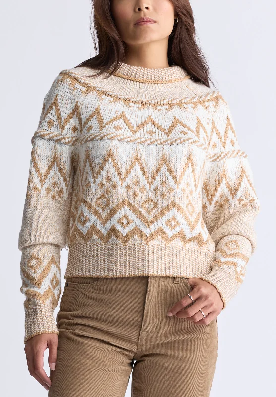 Lesina Women's Fair Isle Knit Pullover Sweater, Beige & Camel - SW0088F Elasticated Padded Insulated