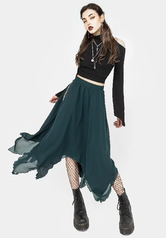 Levitate Chain Detail Midi Skirt - Green velvet skirt plush